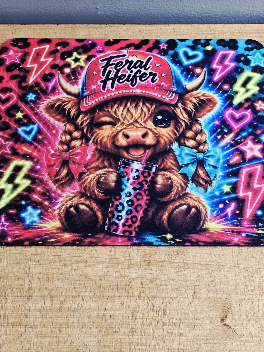 Feral Heifer Neon Highland Cow Mouse Pad - Pink & Blue